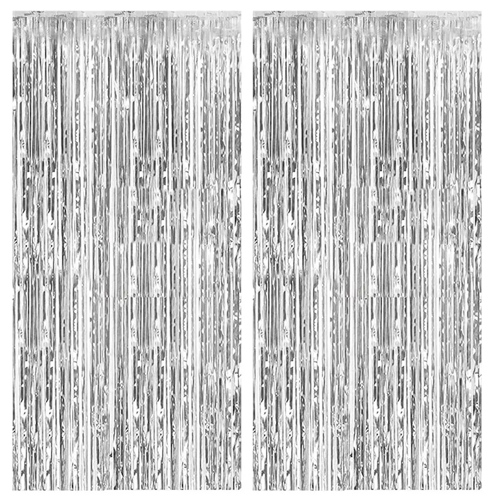 2 Pack Shiny Silver Metallic Tinsel Foil Fringe Curtains - Glamorous Picture Backdrop, Halloween Balloon Decor Accessory for Birthday Celebration, Home & Party Supplies