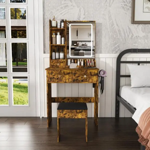 【Bellemave】Modern small Vanity Desk ,featuring 3 modes of LED lighting with adjustable brightness, 3 drawers and multiple open storage shelves, a hair dryer holder and power socket, and a dressing chair. brown