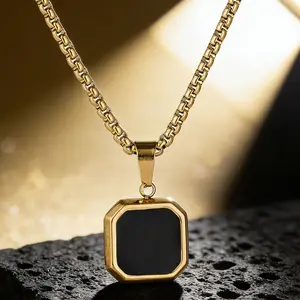 Gold Plated Black Enamel Square Pendant Necklace Stainless Steel Cuban Chain Unisex Minimalist Jewelry