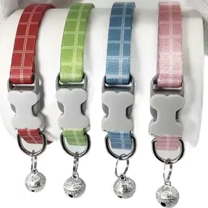 Puppy Collars Gingham with Bell 1 piece Adjustable Durable Buckle Lightweight Washable Safe Breakaway for Puppies and Small Pets