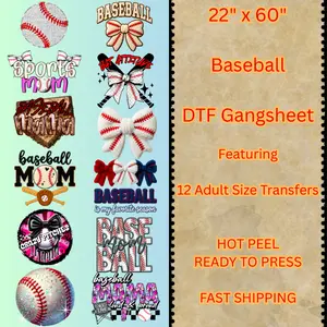 22"x60" Baseball Theme DTF Transfer Gangsheet, Hot Peel, Ready-To-Press Specialty DIY Supply for Toys & Hobbies Projects