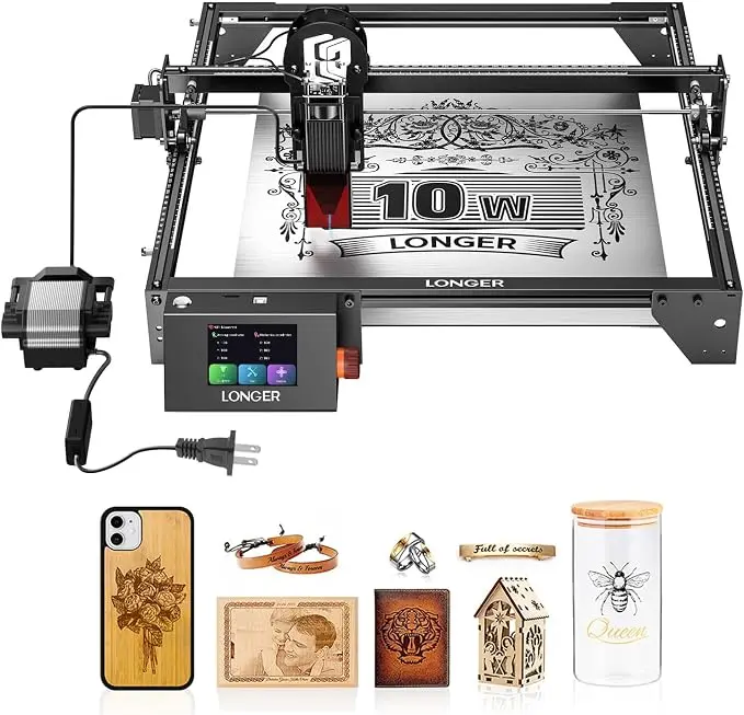 Longer RAY5 10000mW Laser Engraver with Air Pump, 3.5” Color Touch Screen, App Offline Control, DIY Engraver Tool for Metal/Glass/Wood ，Engraving Area 15.75"x15.75"，Laser Class 2