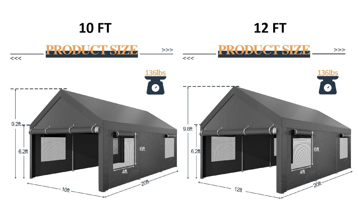 Walsunny Carport 12x20ft Outdoor Car Canopy Portable Garage, Heavy Duty Shed Tent Port with Roll-up Ventilated Windows & Removable Sidewalls Shelter Storage Vehicle Party Moisture Prevention for Camp, Farm, Tool, Grey, Khaki, White,Durable Pvc