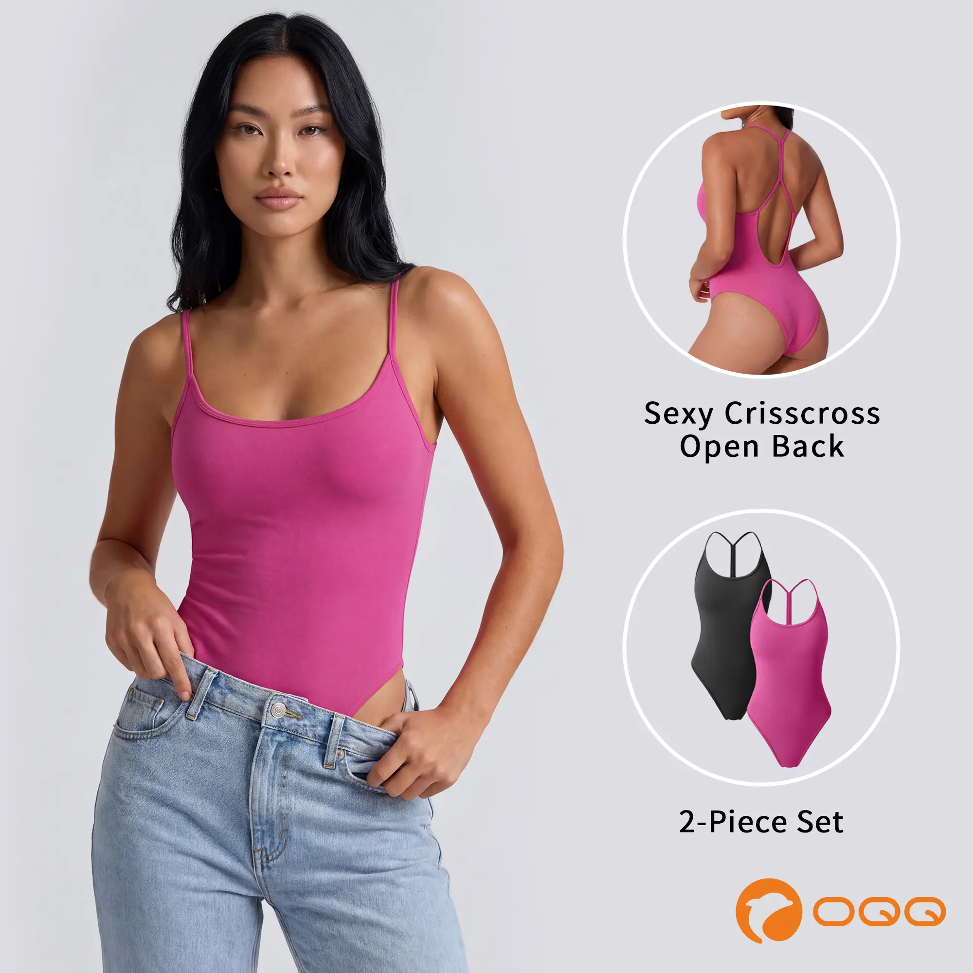 OQQ Women’s Fitted Sleeveless Backless Y-Back Spaghetti Strap Scoop-Neck Tops - Breathable Backless Bodysuits for Workouts & Everyday Wear, Backless One-Piece Bodysuits, Breathable Bodysuits