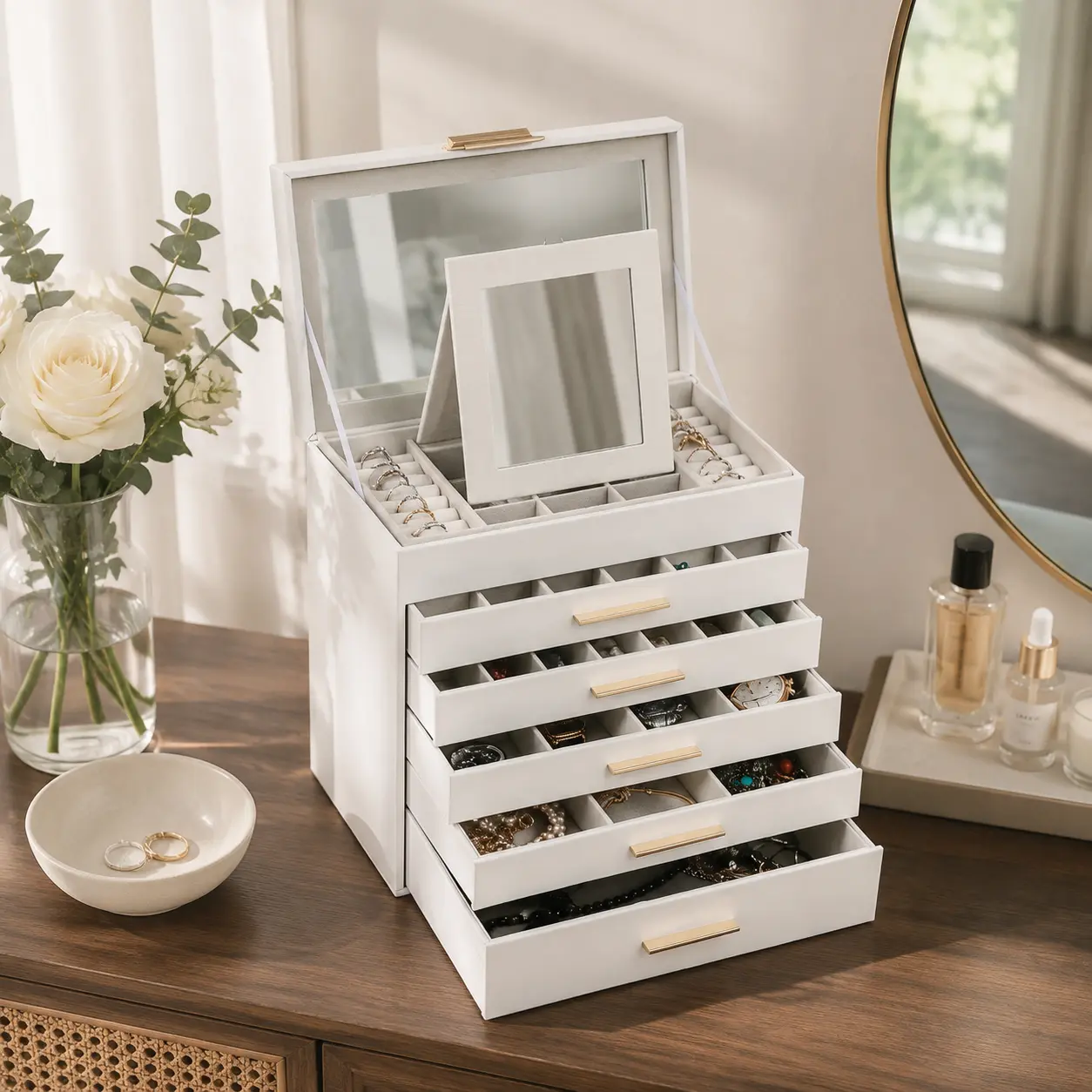 BOOVO 6-Layer Jewelry Organizer Box for Women - Large Jewelry Storage Box with Glass Lid & Mirror, PU Leather Jewelry Holder with Anti-Tarnish Velvet Lining, Necklace, Ring & Earring Organizer, Gift for Her