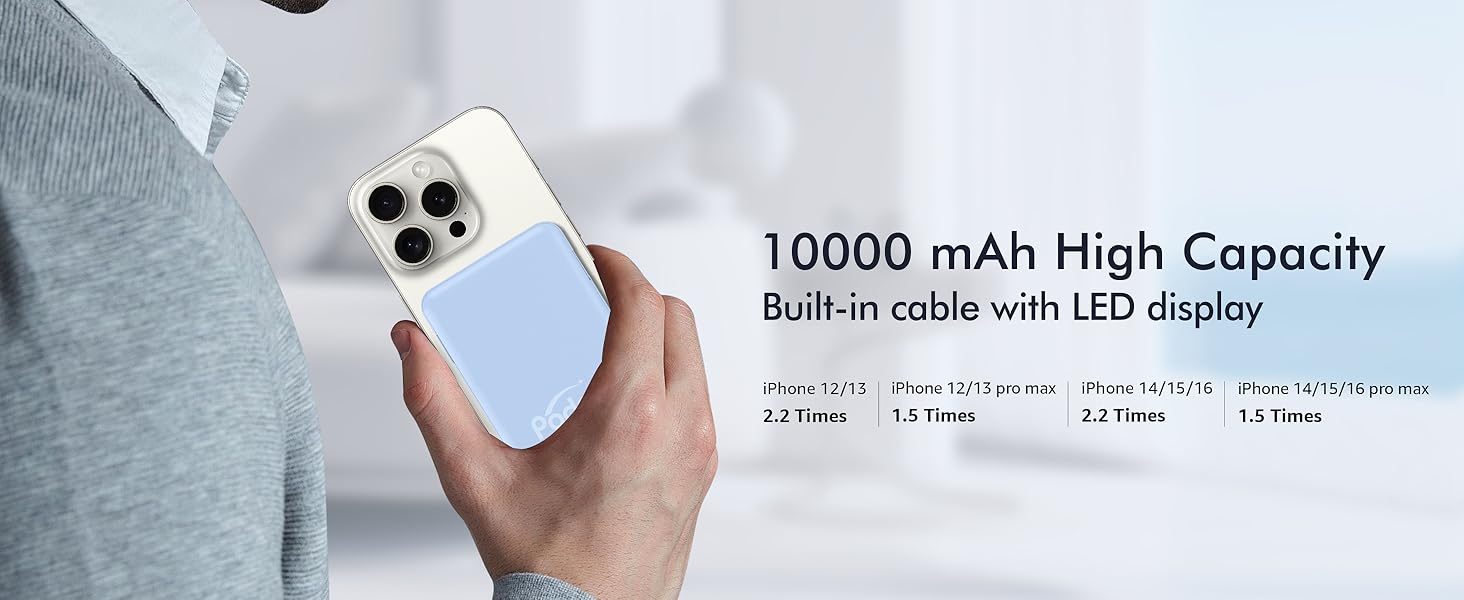 Podoru for iPhone Power Bank, for MagSafe Battery Pack 10000mAh Magnetic Travel Charger Built-in USB-C Lighting Cable for iPhone17/16/15/14/13/12 Series Podoru for iPhone Power Bank, for MagSafe Battery Pack 10000mAh Magnetic Travel Charger Built-in USB-C Lighting Cable for iPhone17/16/15/14/13/12 Series