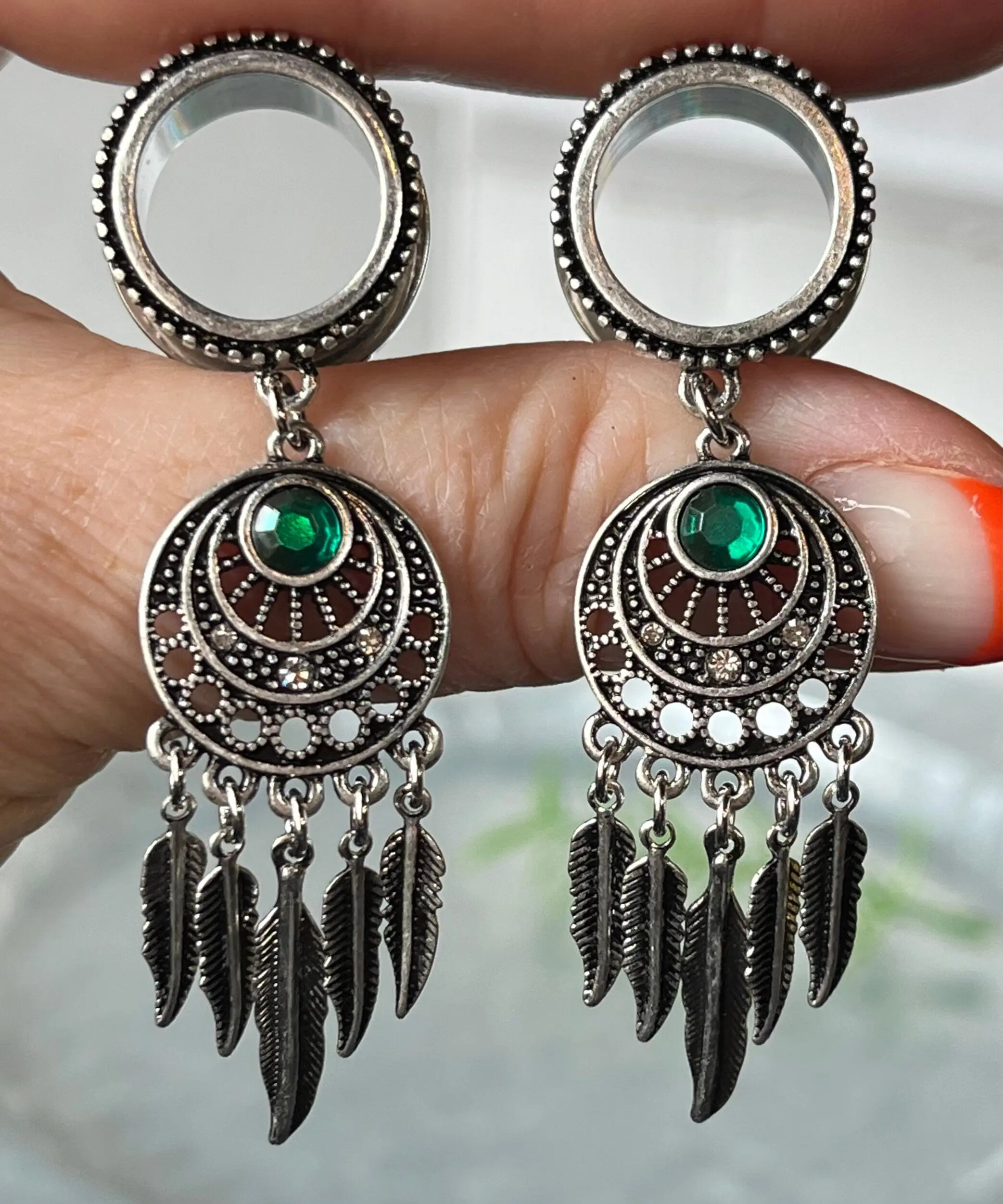 PAIR of Unique Dream Catcher with Beaded Edge and Green Crystal Gem Dangle Screw Fit Tunnels -Gauges 4g (5mm) thru 5/8" (16mm)