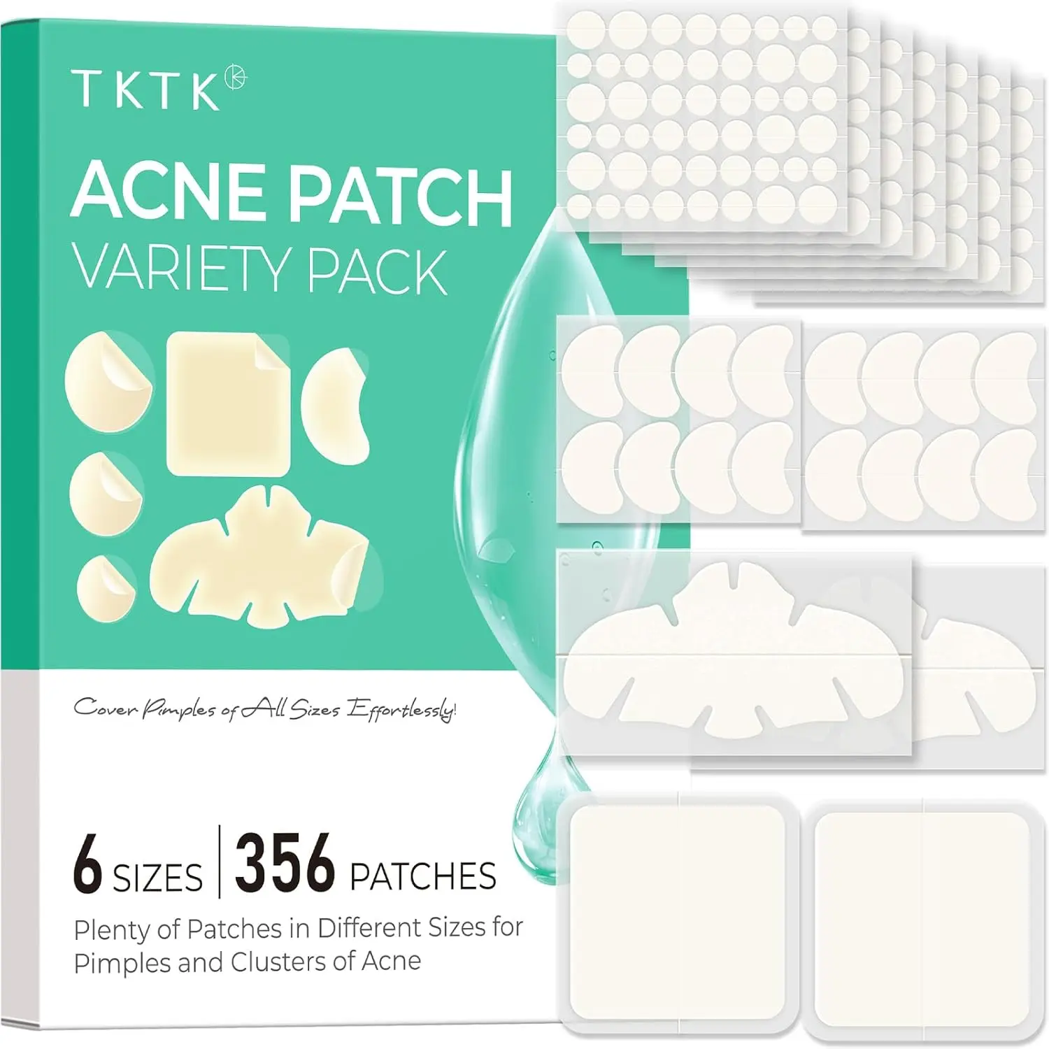 TKTK Pimple Patches for Face, 6 Sizes Hydrocolloid Acne Patch Variety, Large Acne Stickers for Cheeks, Forehead, Chin, Nose, Back Blemishes Zit Breakouts (4 Shapes 356 Count)  tiktokshopbacktoschool
