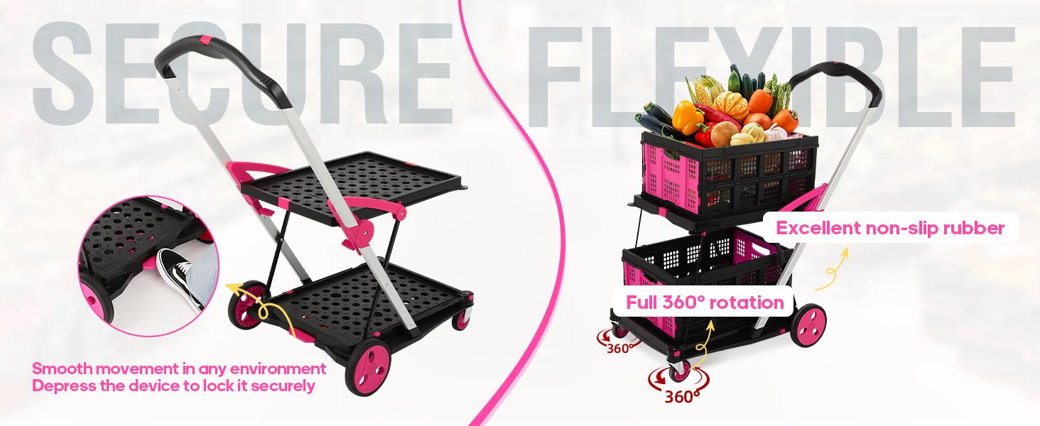 ULTIMATE Foldable Utility Cart with Wheels - 2-Layer Heavy Duty Folding Wagon for Grocery,Office & Garden, Multi-Functional Storage Trolley for Cosmetics,Luggage & Warehouse,4 Color Options (Blue/Full Pink/Black Pink/Purple)