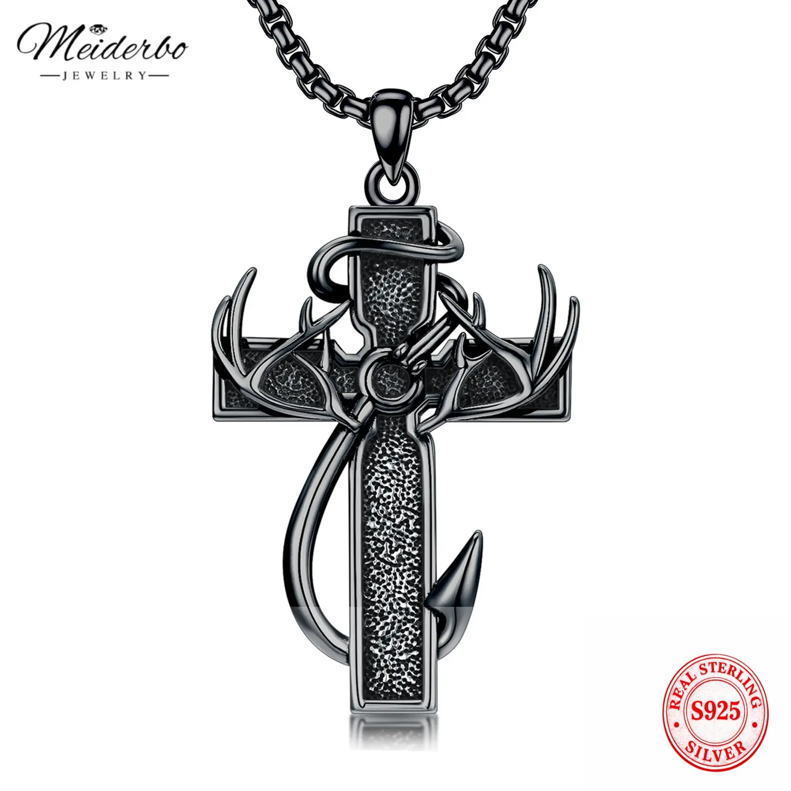MEIDERBO Men's 925 Sterling Silver Cross Necklace with Artistic Antler & Fish Hook Pendant, Hunting Fishing Jewelry Gift for Him, 22+2 Inch Chain, Jewelry For Women