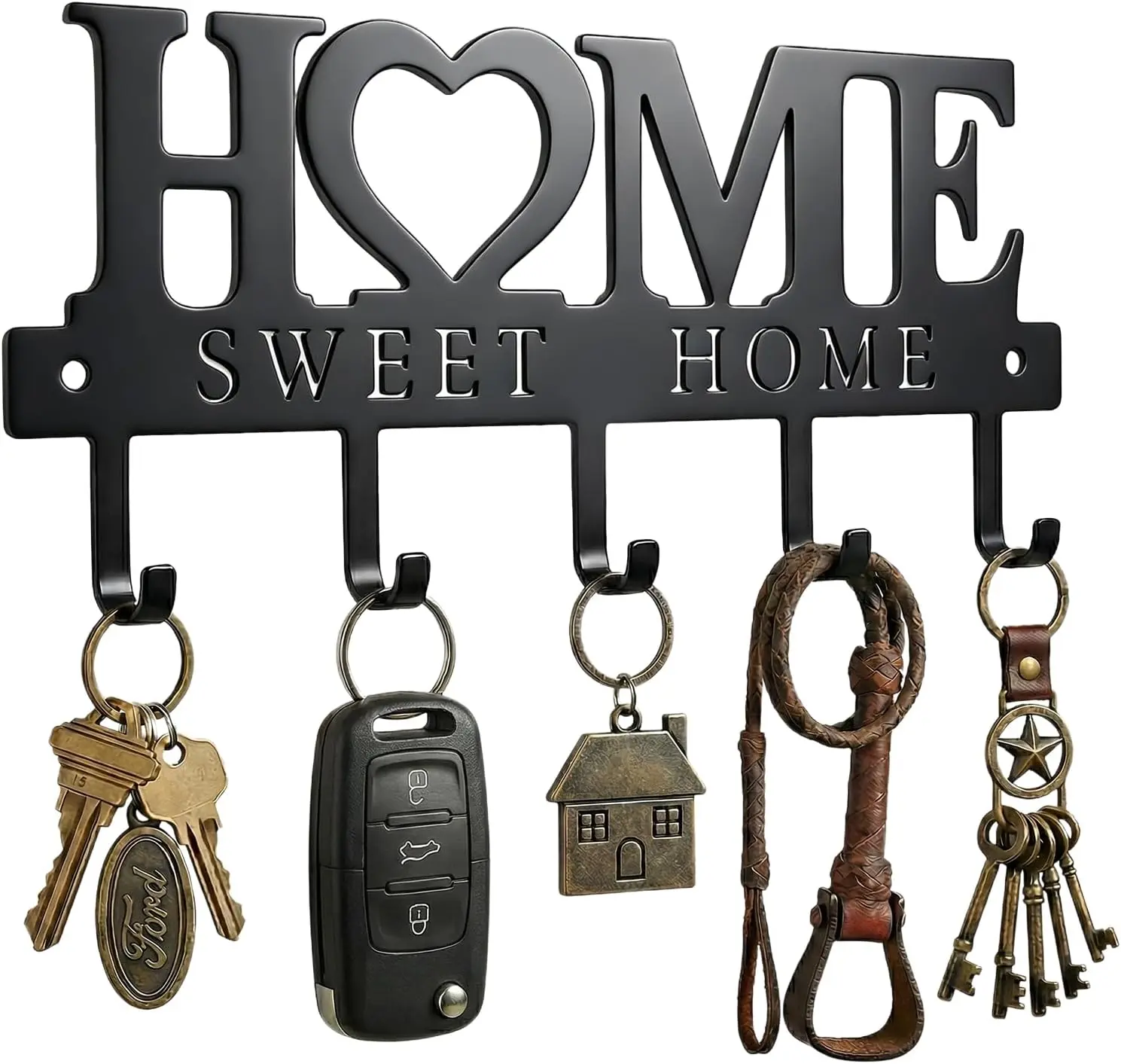 Entryway Wall Key Holder with 5 Hooks, Metal Key Rack Wall Mount for Keys, Bags and Leashes, Decorative Organizer for Entryway, Mudroom or Hallway, Sweet Home Design, 9.8 inches, Black