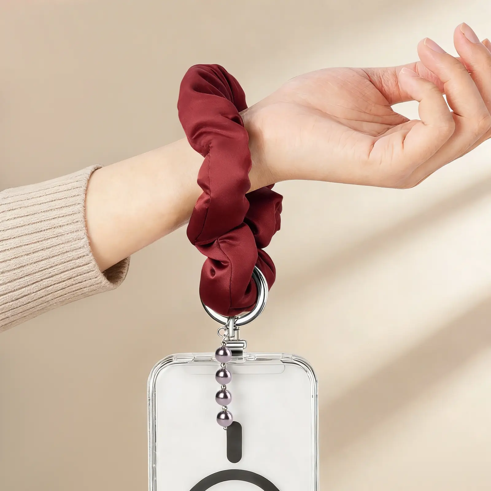 Women's Durable Scrunchie Mobile Phone Wristlet Lanyard - Phone Accessories with Sparkling Alloy Pendant, Pearl Accent, Cellphone Case Clip, Non-Slip Grip Wristband, Easy Installation