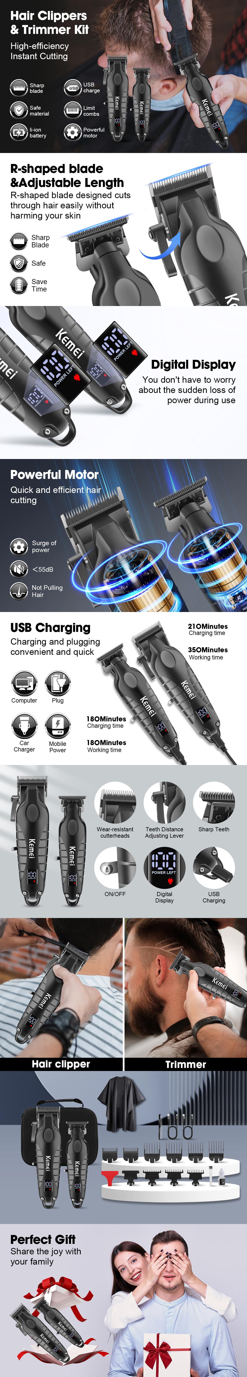 KEMEI Professional Hair Clippers and Trimmer Set for Men, Cordless Barber Kit, USB Rechargeable Zero Gapped T-Blade Hair/Beard Trimmer, KM-2290+2293