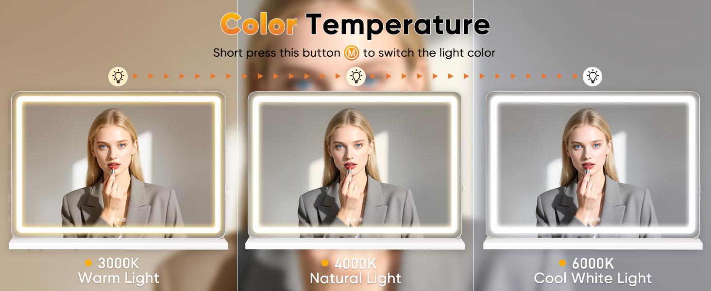 Adjustable White Square Lighted Vanity Mirror, Durable Aluminium Modern Mirror with LED Dimmable 3-Color Lights, Touch Screen Control, High-Def for Bathroom Dresser & Household Items Decor
