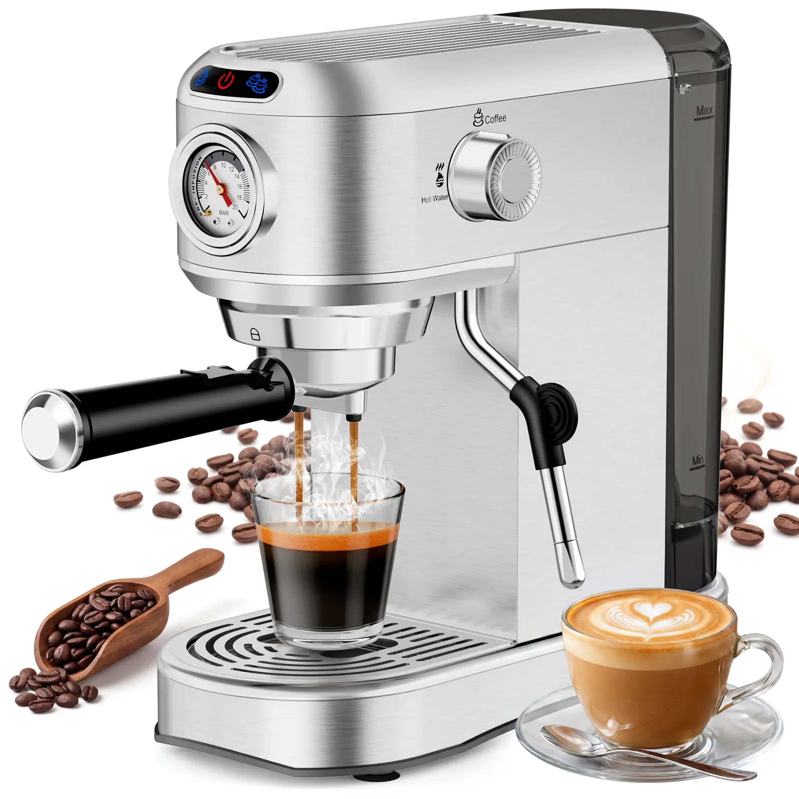 Espresso Machine 20 Bar, Semi-Automatic Coffee Maker with 1450W Motor, Milk Frother Steam Wand, 34oz Removable Water Tank, Ideal Mother's Day Gift for Home Lattes & Cappuccinos, Silver