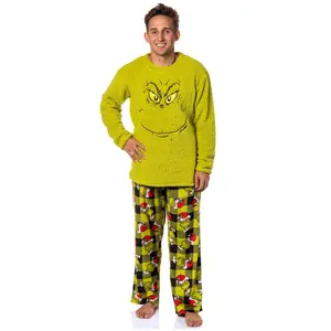 Dr. Seuss GRINCH Santa Plaid Plush Fleece Pajama Sleep Set