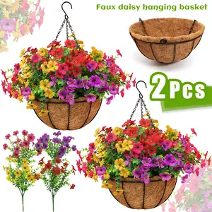 2 Pack Artificial Hanging Flower Baskets with 24 Daisies & Eucalyptus - UV Resistant for Outdoor Porch Patio Balcony Yard Decor
