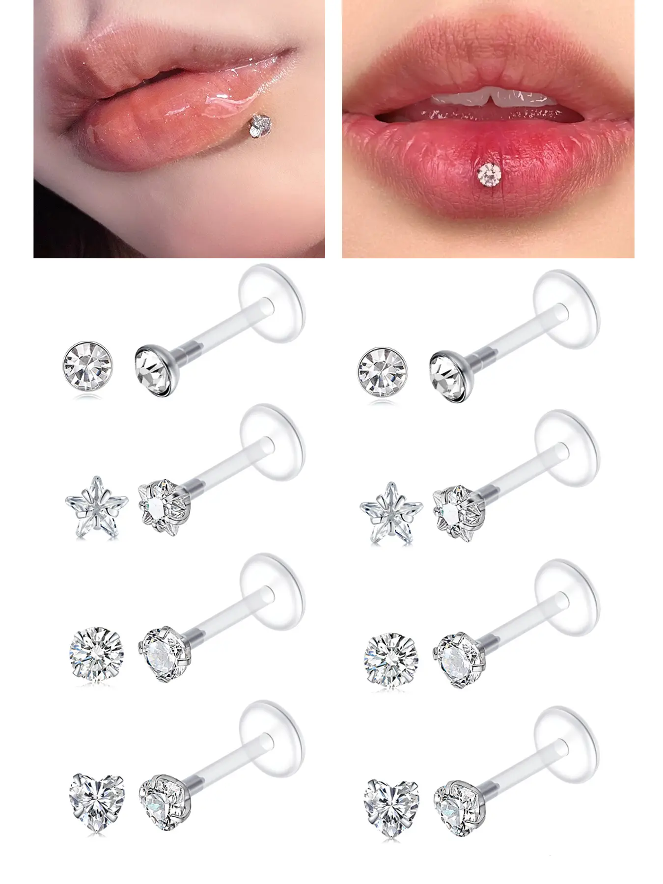 8PCS 16G Clear Push Top Piercing Retainers Earrings For Work, Subtle Jewelry, Bioflex Lip Rings Labret Helix Cartilage Piercing Tragus Medusa Monroe Retainer For Women Men 6-10mm Bar Length