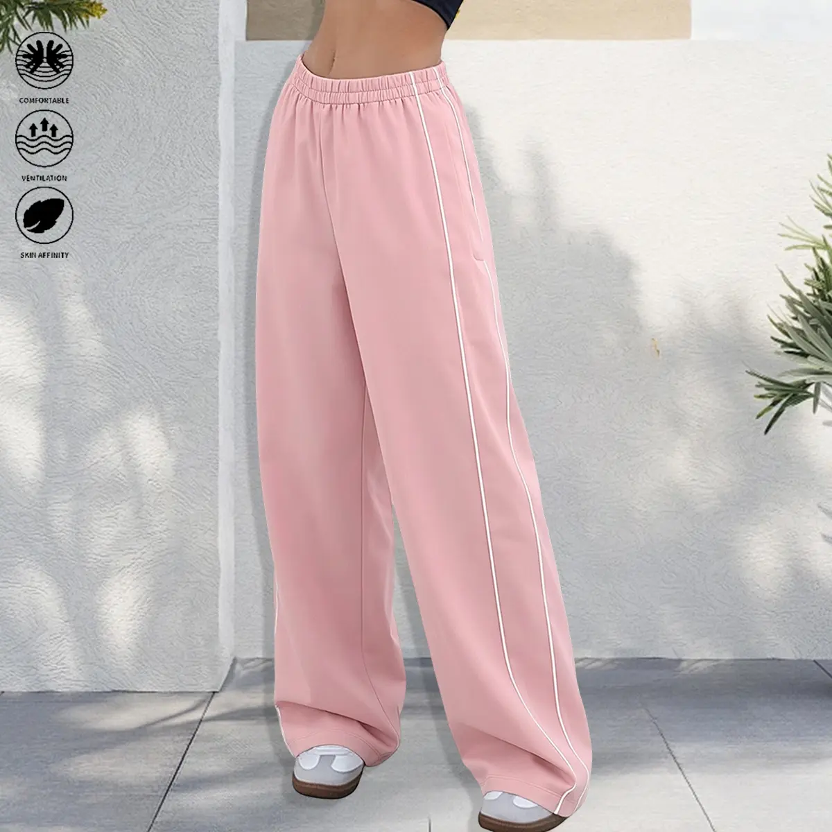Women’s casual athletic long pants, solid color, loose fit, elastic waistband, suitable for outdoor fitness, running, and casual wear; women’s long pants, women’s pants