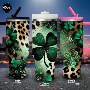1 pc 40 oz glittery shamrock leopard print tumbler with lid and straw, sparkling green clover design insulated travel mug for winter, gift for women and men, ideal for Valentine’s Day, Easter, and birthdays, suitable as an iced or hot coffee cup