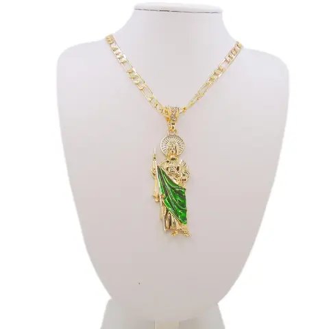 Unisex Green San Judas Tadeo Figaro-Style Short Necklace - Casting Metal with Metal Coating, Silver Halo Charm, Celestial Protection Fringe, Hypoallergenic Religious Pendant, Chain & Link Jewelry for Women, Casual Birthday Accessory