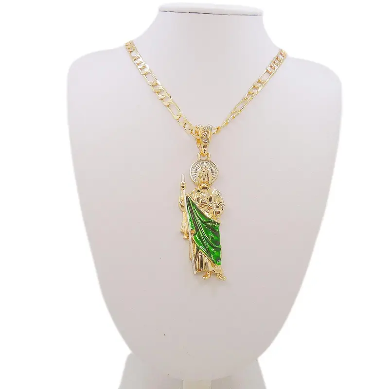 Unisex Green San Judas Tadeo Figaro-Style Short Necklace - Casting Metal with Metal Coating, Silver Halo Charm, Celestial Protection Fringe, Hypoallergenic Religious Pendant, Chain & Link Jewelry for Women, Casual Birthday Accessory