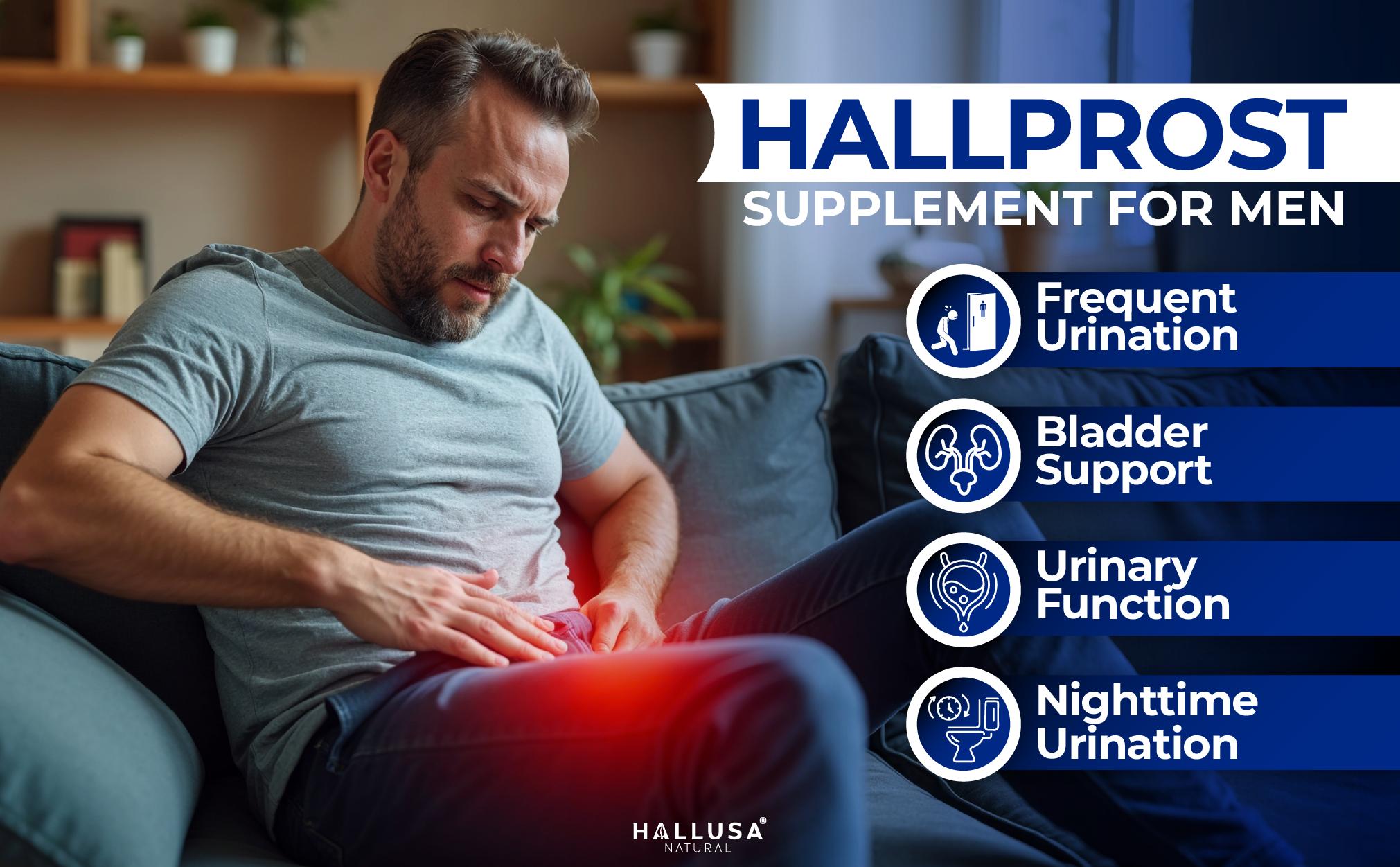 HALLUSA NATURAL Hallprost Prostate Dietary Supplements (60 Capsules) - Sugar-Free, Gluten-Free, with Saw Palmetto, Pygeum Africanum, Pumpkin Seed Oil, Zinc, Vitamin E, Magnesium, Botanical Extracts for Nocturia Relief & Men's Health
