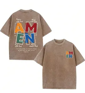 AMEN Classic Letter Header T-Shirt for Men Women Vintage Distressed 230g Washed Cotton Casual Fit God Bless  (regular cotton/washed cotton) You Design
