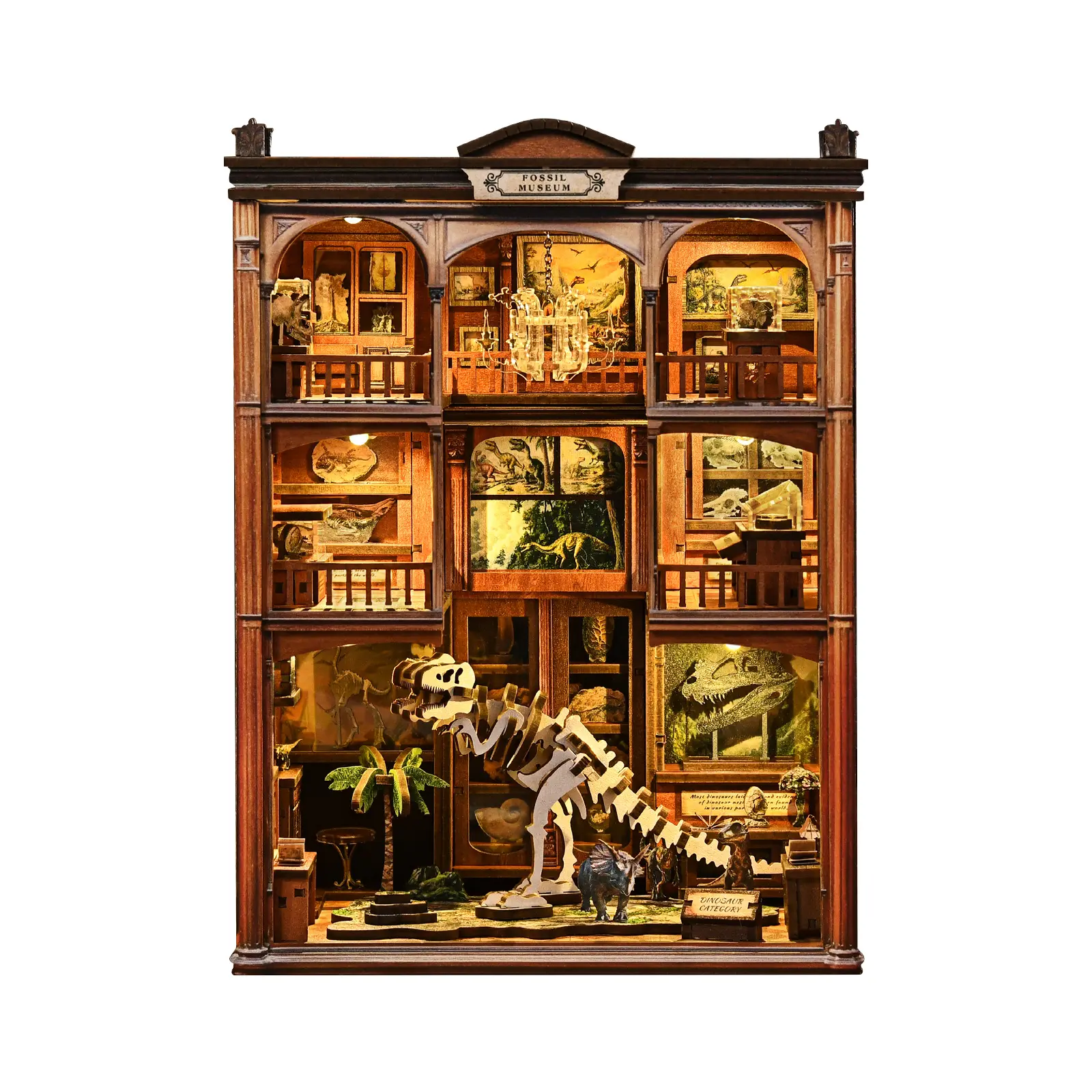 Fossil Museum Wooden Book Nook DIY Model Kit - Durable & Sturdy Hardwood Slats 3D Puzzle, Vintage Abstract Renaissance Miniature Dollhouse, Smooth Edges Hand-Assembled Toy for Bookworms, Music Lovers, Day or Night Shelf Decoration Gift