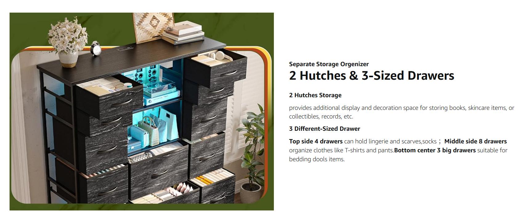 Raybee 15-Drawer Dresser with LED Lights & 4 Charging Ports Modern Storage Organizer for Bedroom Closet Entryway Black Chest Above 25 kg