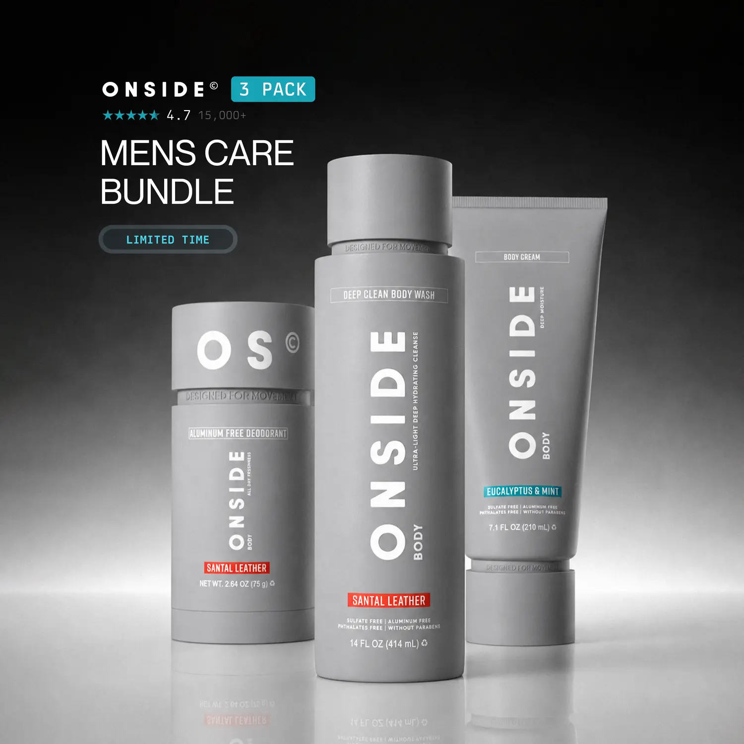 ONSIDE Men's Care Bundle | Aluminum Free Deodorant, Deep Clean Body Wash, Body Cream