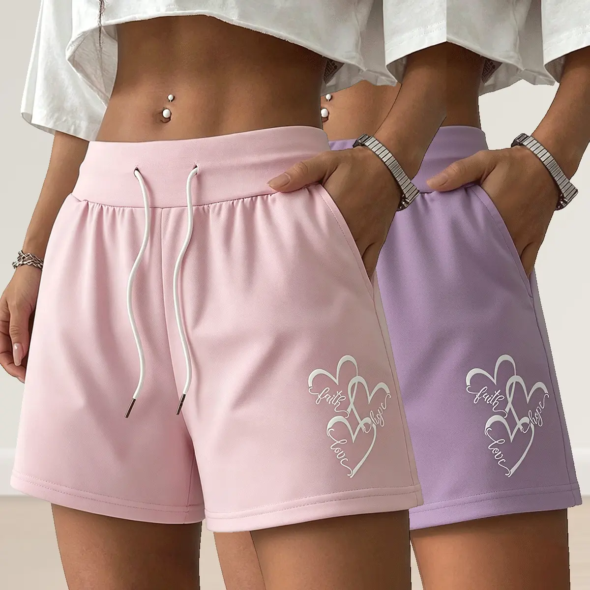 Women’s 2-Piece Athletic Casual Summer Shorts Set - Elastic Waistband with Adjustable Drawstring, Soft Comfortable Fabric for Beach Gym & Home Wear (Shorts for Women)