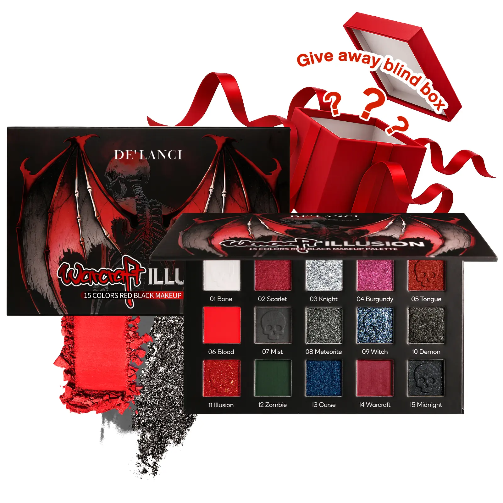 Delanci Red black Eyeshadow Palette Makeup Smoky Vampire Clown Zombies Witch Murder SFX Halloween  Palette Burgundy Red Anchor Red Wine Red Dusk Gray Midnight Black Prussian Blue Scarlet Burgundy Blood Glitter Eyeshadow White Dark Long Lasting tiktokshops
