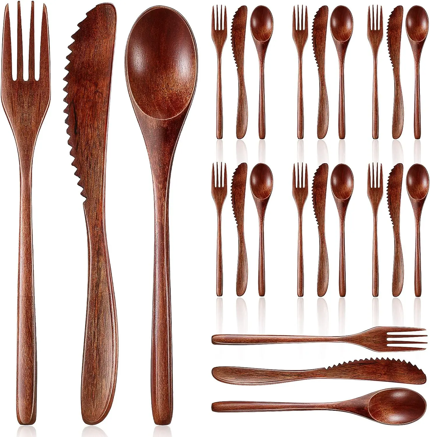 24/12Pcs Natural Wood Reusable Food-Safe Tableware Set - Unisex Plain Finish Eating Utensils (Spoons,Forks,Knives) with Exquisite Design,Compact Size,Lightweight for Everyday Meals,Outdoor Activities,Travel - Home & Festive Gift Supplies