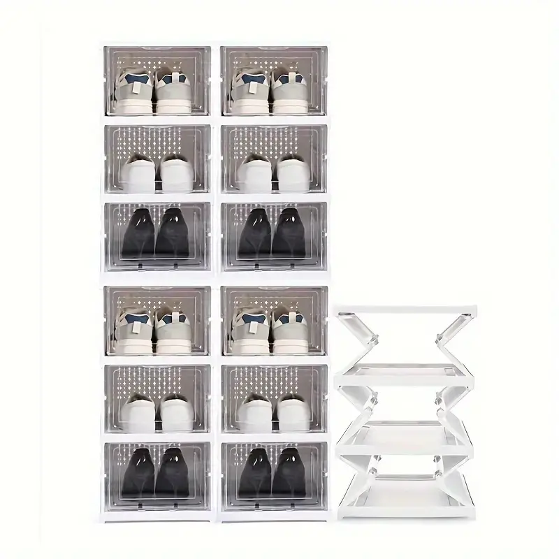 3-Tier / 6-Tier Collapsible Clear Shoe Box with Thickened Dust-Proof Lid & Magnetic Doors – Multifunctional Plastic Storage Cabinet for Sports Shoes & Accessories, No Installation, Space-Saving Modern Design for , Wardrobe & Entryway