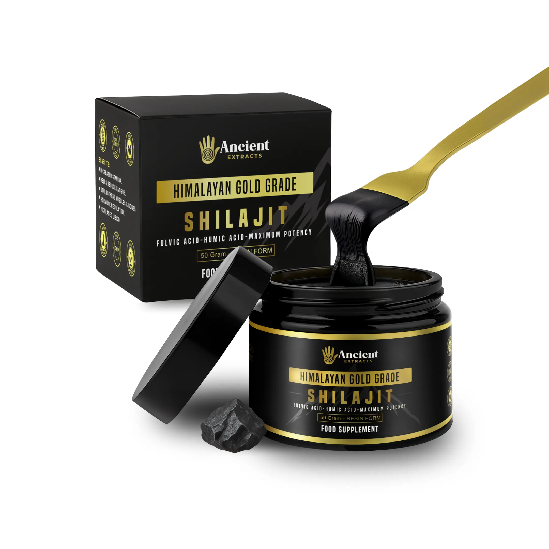 Ancient Extracts Himalayan Gold Grade Edible Shilajit Resin Bottle, 50g - 100-Day Supply, Vegan, Allergen-Free (Gluten, GMO, Sugar, Dairy), 80% Fulvic Acid Supplement for Immune Support, Metabolism Boost & Youth Preservation with Essential Minerals, Sugar