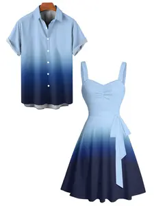 DRESSLILY 2026 Vacation Couple Outfit Women's Ombre Ruched Bust Belt Sweetheart Neck A Line Mini Dress and Men's Roll Up Sleeve Shirt Matching Outfit