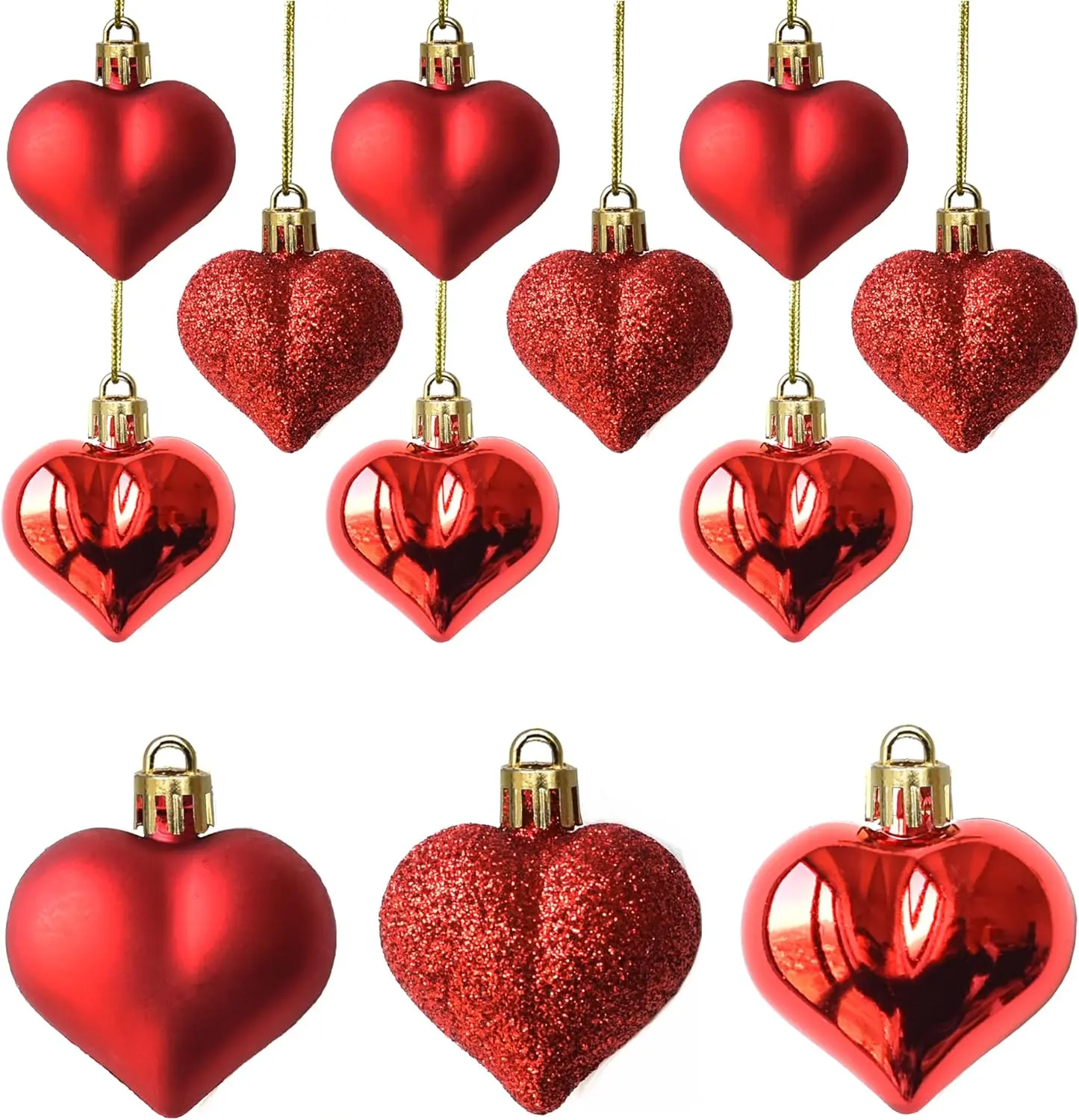 12Pcs Lightweight Romantic Hearts Ornaments, Multi-Finish Hanging Heart Baubles for Valentine’s Day, Christmas Tree Decor (Red)