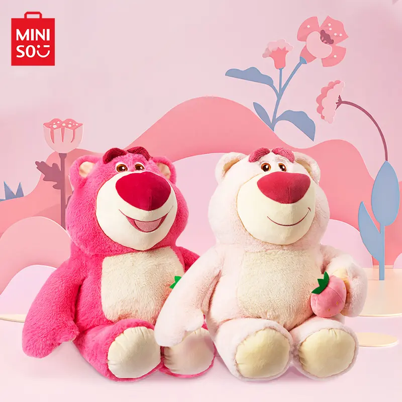 MINISO Disney Strawberry Bear Plush Doll, Kawaii Look Cuddly Stuffed Animal, Extra Soft Fluffy Soft Adorable Stuffed Toy Pillow, Ages 12+ Children's Birthday Gift, Cuddly Stuffed Animals