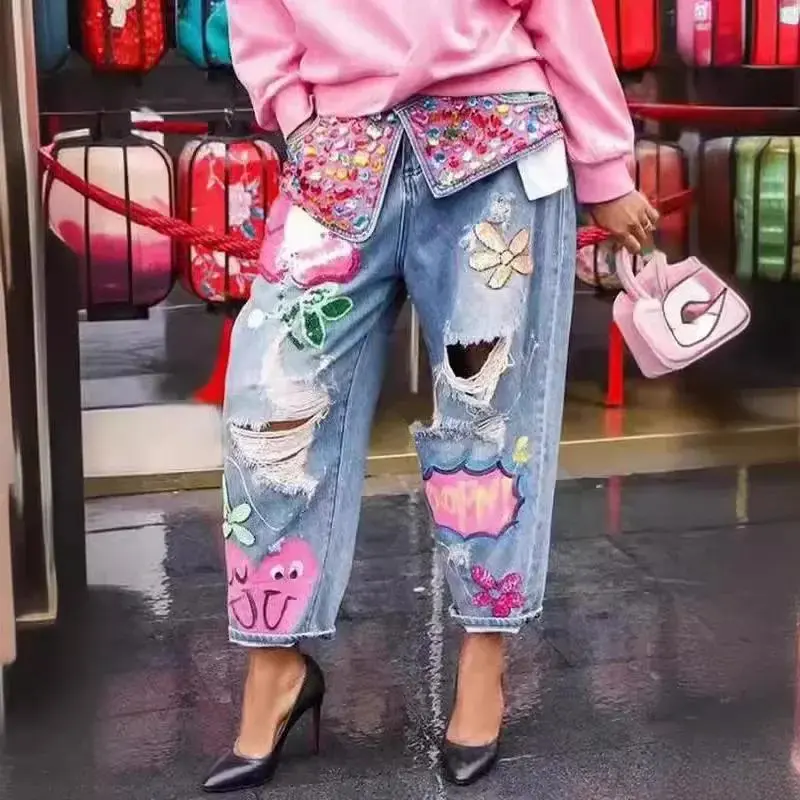 Women's High-Waist Ripped Loose Lightweight Rhinestone-Embellished Printed Hole Denim Streetwear Joggers, Casual Sports & Outdoor Bottoms, Heavy-Duty Material, Outdoor Joggers, Tops, Rhinestones, Outdoors, Loose Fit, Ripped Detail, Jeans, Jogger Pants