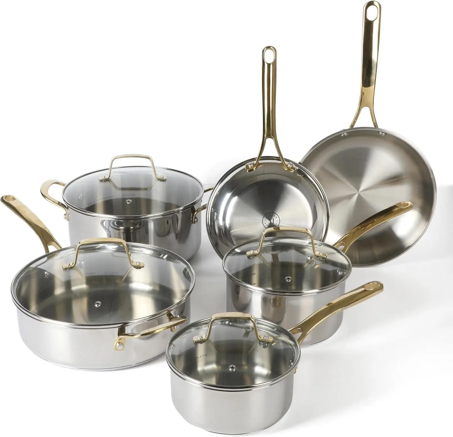 Martha Stewart Castelle 10-Piece 18/8 Stainless Steel Pots and Pans Cookware Set with Glass Lids, Induction Compatible