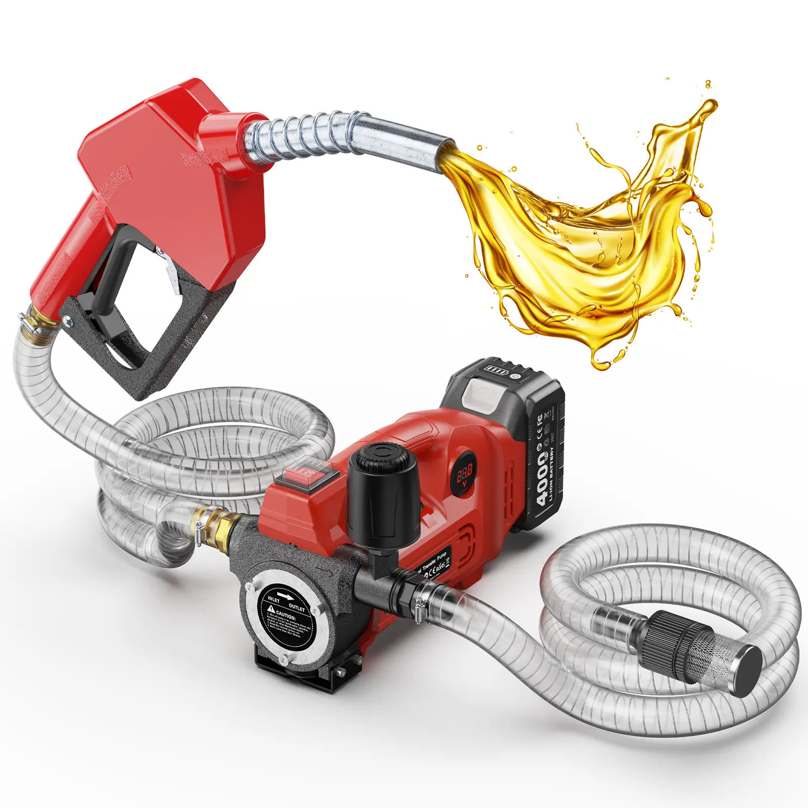 TaskStar 12GPM Cordless Electric Automatic Transfer Pump Kit - 21V 4.0Ah Battery & Charger, Auto-Shutoff Nozzle, 2 Hoses, Hose Clamps, Portable Compact Kerosene Transfer Tool