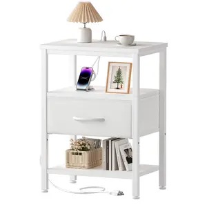 Nightstand with Built-in Charging Station, Bedside Table with Adjustable Fabric Drawer and 3-Tier Storage End Table