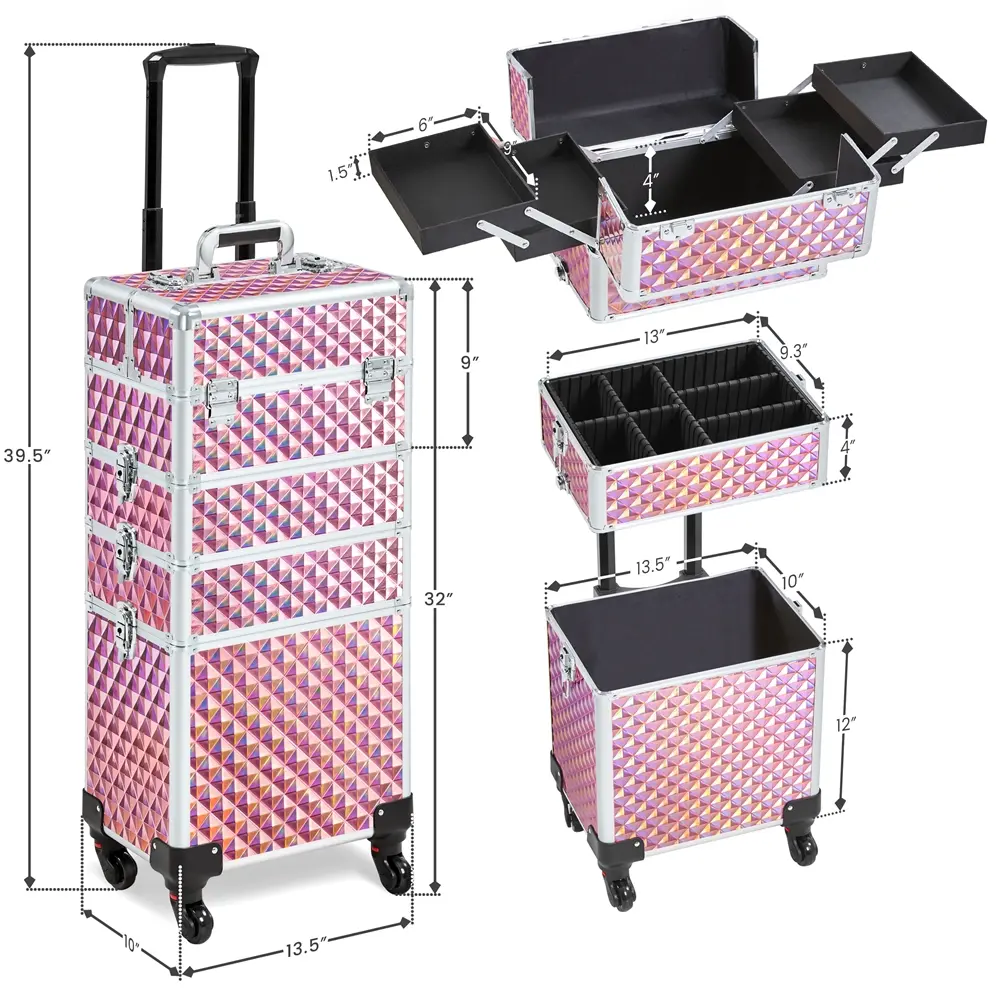 Yaheetech 4-in-1 Multi-Function Durable Rolling Makeup Train Case - Extra-Large 4-Tiered Reinforced Aluminum Trolley with 360-Degree Rubber Wheels, Latch, Accordion Trays, Chic Organizer for Makeup Containers, Portable Vanity for Business/Wedding Use