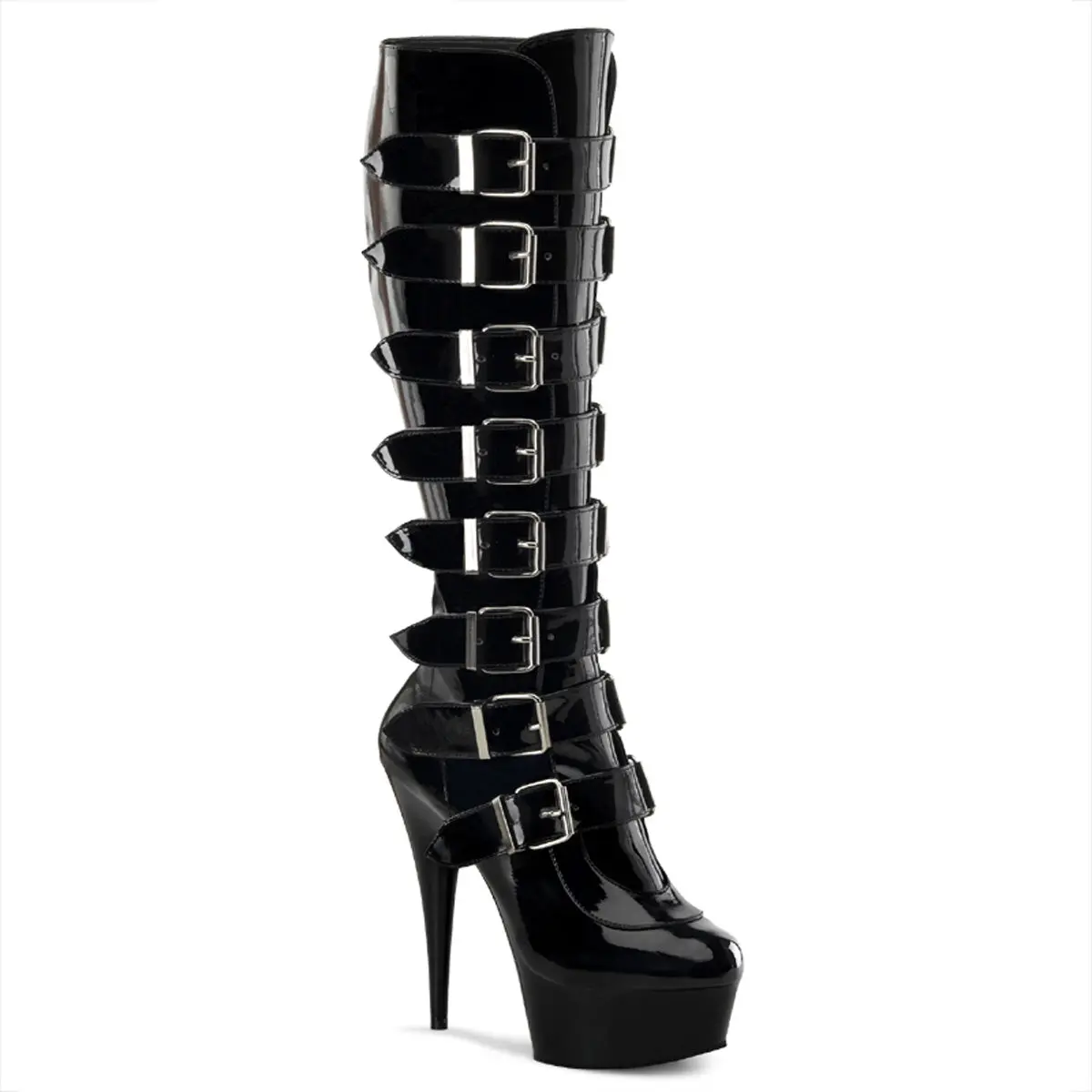 Women's Knee-High Statement Boots - Statement Shoes with 6" Stiletto Heel, 1.75" Platform, Buckle Straps & Inner Zipper Fast Entry
