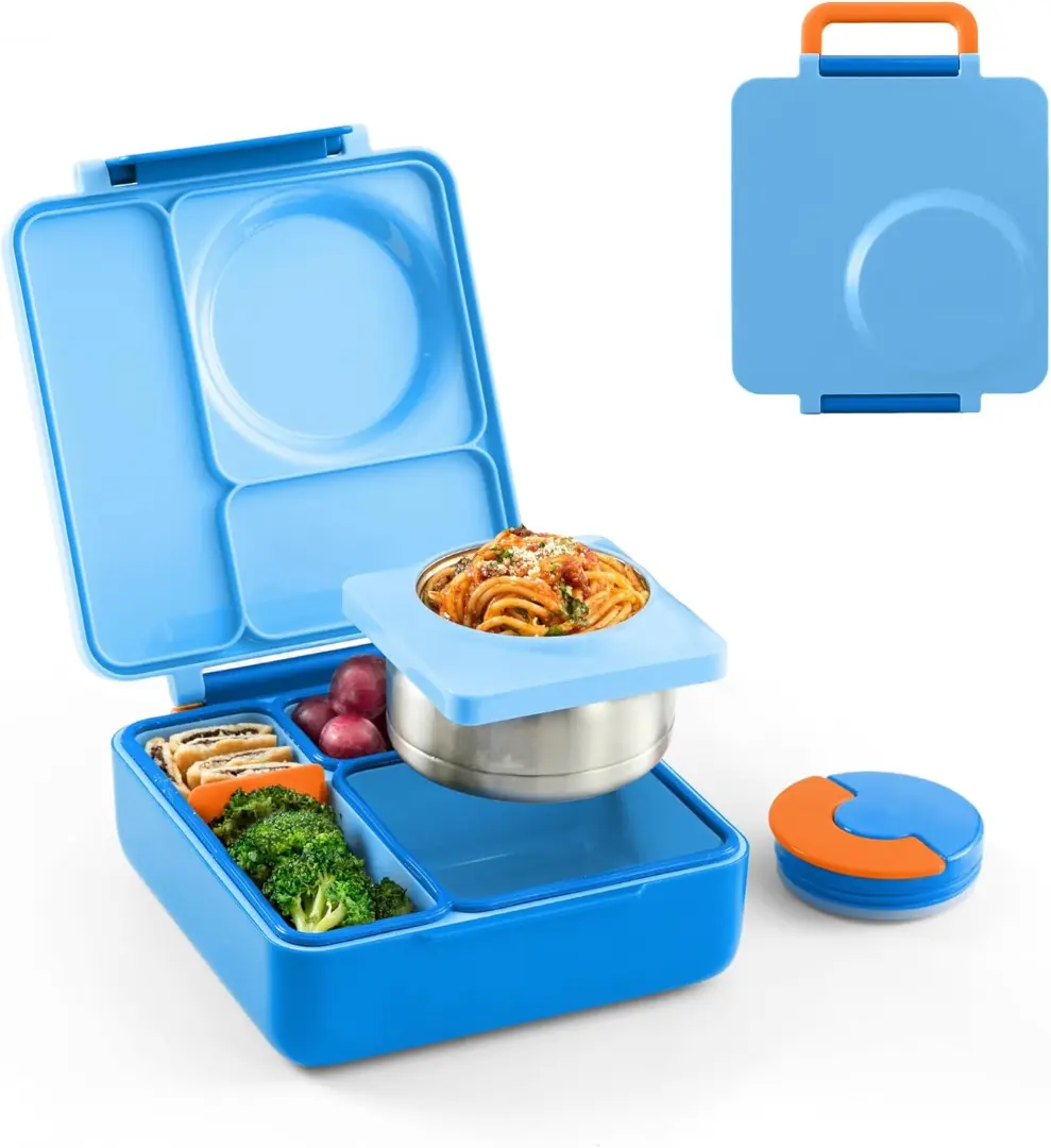Bento Box for Kids - Insulated Bento Lunch Box with Leak Proof Vacuum Insulated Food Jar - 3 Compartments, Two Temperature Zones (Blue Sky)