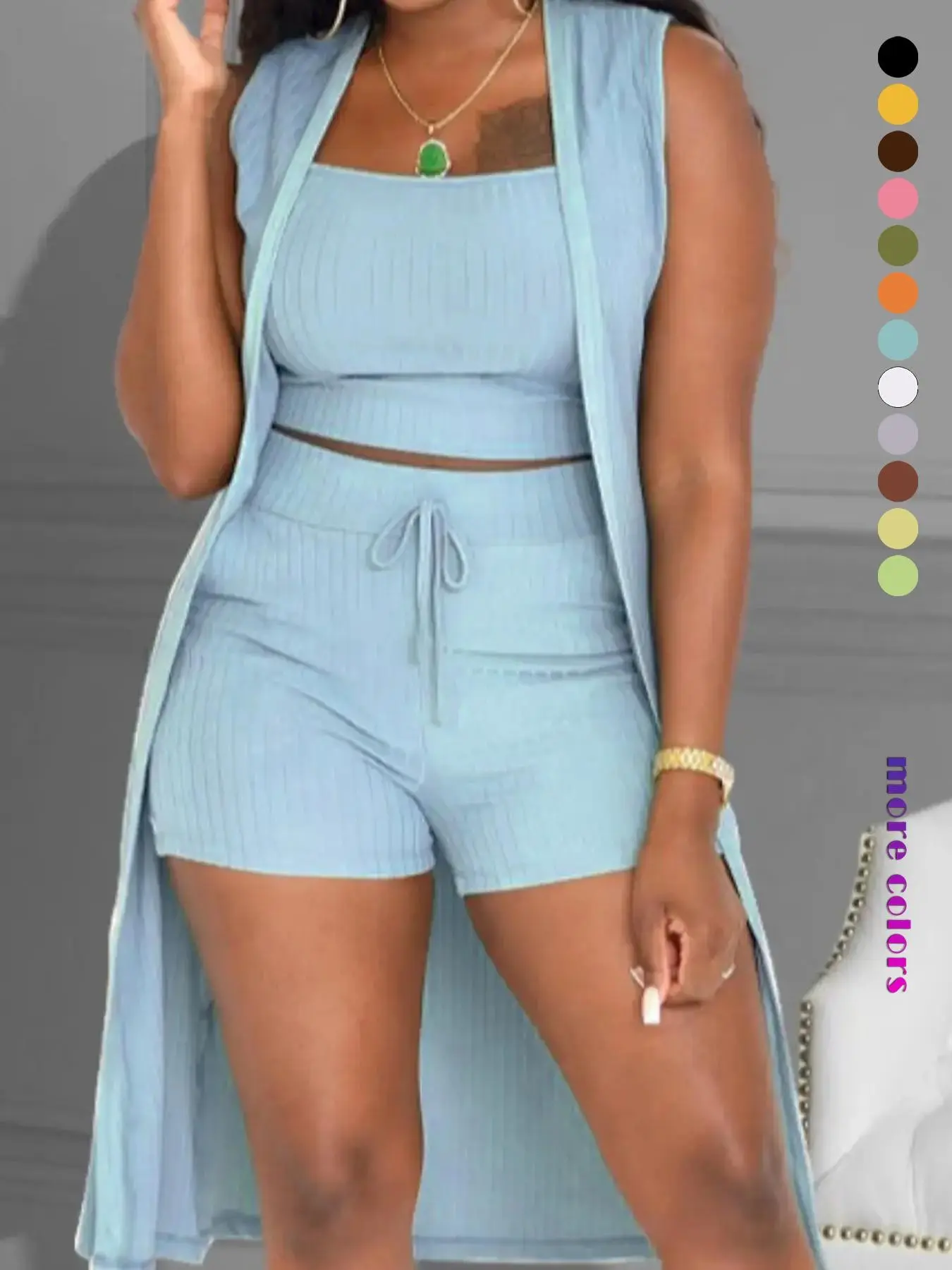 Women's Casual Slim-Fit Three-Piece Shorts Set, Soft Stretchy Knit Fabric, Comfortable and Stylish Summer Outfit, Knit Shorts Sets, Knitted Set Clothes