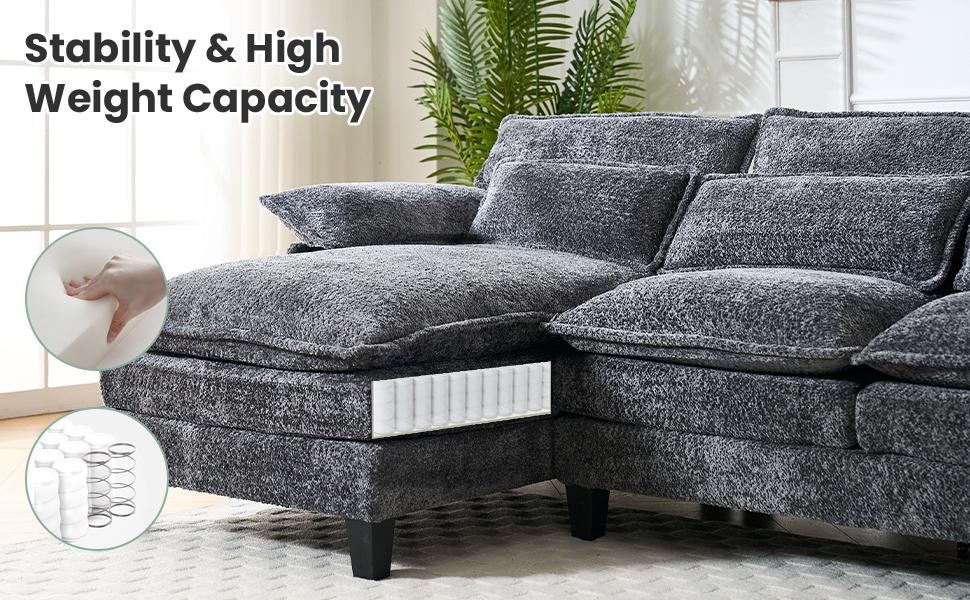 【3 Packages】110" U Shaped Couch,Modular Sectional Sofa with 4 Waist Pillows,Sleeper Deep Seat Couch with Double Chaise Lounge & Memory Foam for Living Room