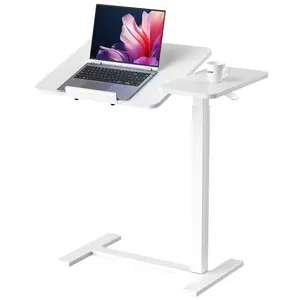 Adjustable Overbed Table ，With Pneumatic Lift, One Hand Height Adjustment And Tiltable Desktop, Hidden Casters, Space Saving Design For Small Bedrooms And Cozy Nooks