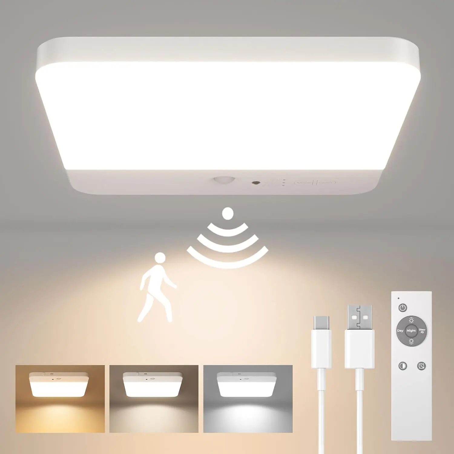 FULEN Rechargeable Smart Sensor LED Ceiling Light Fixture - Cordless 6000mAh Battery-Operated Magnetic Snap-On Mount, 3 Color Temperatures, Remote Control, 10h Steady Mode, 30s Auto-On, 5-6h Runtime, 0.63in Thin LED Lights for Showers, Dark Corners
